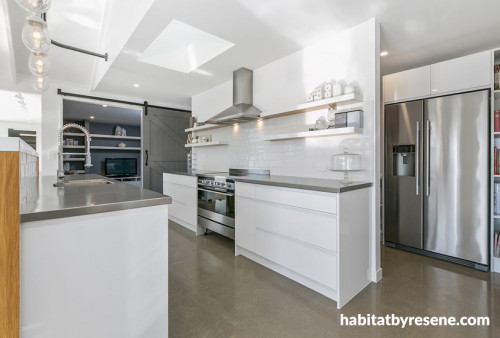 Kitchen, white, grey, modern, interior, sliding pantry door, bench, light kitchen, appliances, 