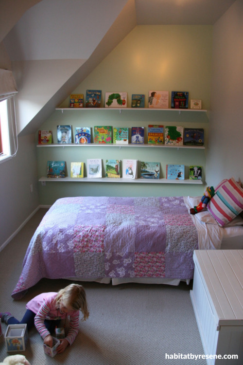 villa, children's bedroom, kids bedroom, green bedroom, green feature wall, girls bedroom