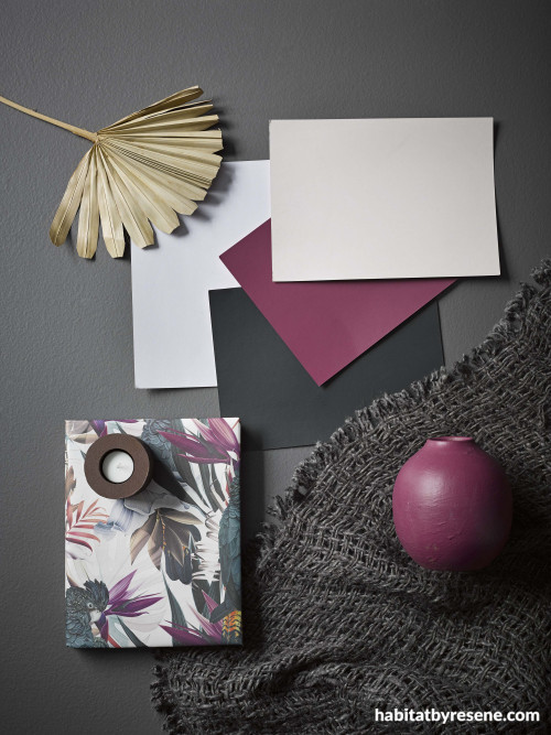 mood board, interior inspiration, grey, grey mood board, grey and purple, resene bokara grey 