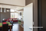 white, green, kitchen, white kitchen, wood kitchen, green splashback, living room