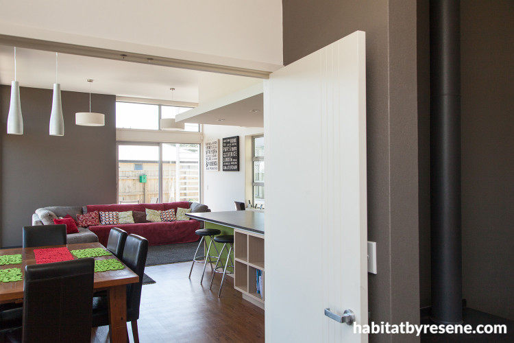 white, green, kitchen, white kitchen, wood kitchen, green splashback, living room