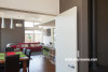 white, green, kitchen, white kitchen, wood kitchen, green splashback, living room