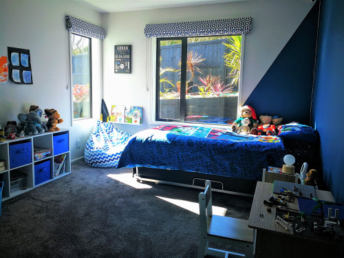 kids bedroom inspiration, kids bedroom ideas, geometric interior, blue bedroom ideas, feature wall