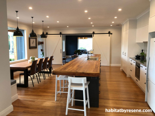 white, kitchen, dining, resene double black white, resene half black white, gisborne, farmhouse