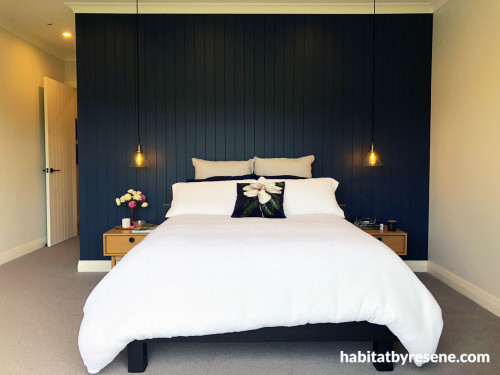 dark blue, bedroom, resene dark side, tongue and groove, gisborne, farmhouse