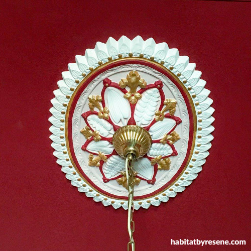 hallway, entranceway, ceiling rose, painted ceiling, red ceiling, metallic gold, hallway rose