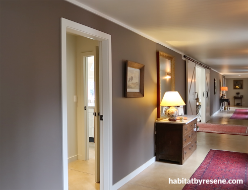 hallway, brown hallway, neutrals, barn style doors, grand, brown paint, brown entranceway