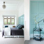 bedroom, master bedroom, blue bedroom, white bedroom, paneled wall, blue feature wall