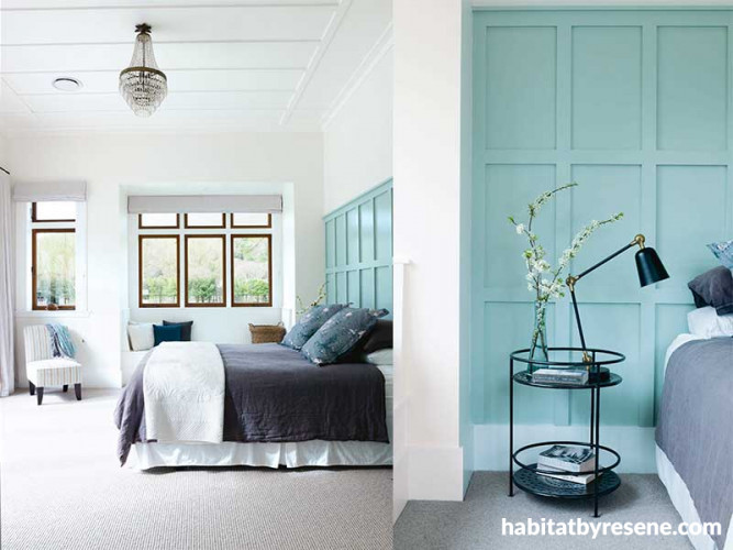 bedroom, master bedroom, blue bedroom, white bedroom, paneled wall, blue feature wall