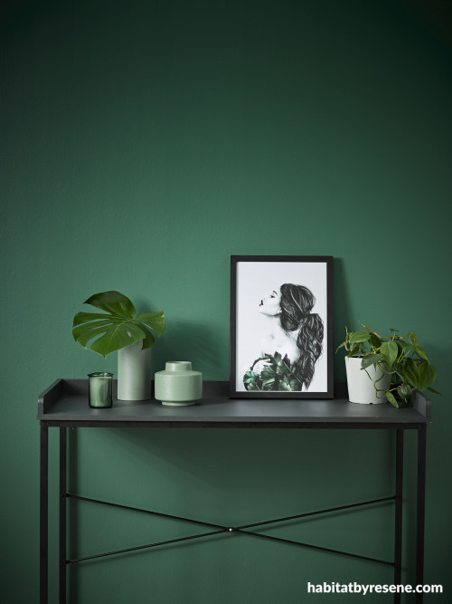 green feature wall, study, office, nook, resene mother nature, tonal greens, bold green