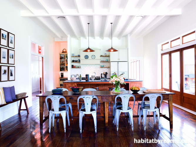 dining room, kitchen, white kitchen, white dining room, open plan living, cottage, heritage