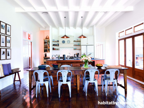 dining room, kitchen, white kitchen, white dining room, open plan living, cottage, heritage