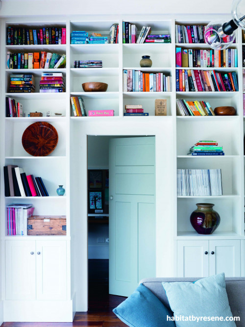 bookshelves, study, shelving, white bookshelves, living room, home office, white study