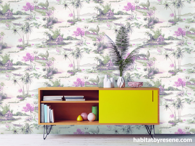 feature wall, wallpaper feature, yellow painted furniture, resene switched on, retro side table