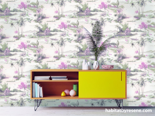 feature wall, wallpaper feature, yellow painted furniture, resene switched on, retro side table