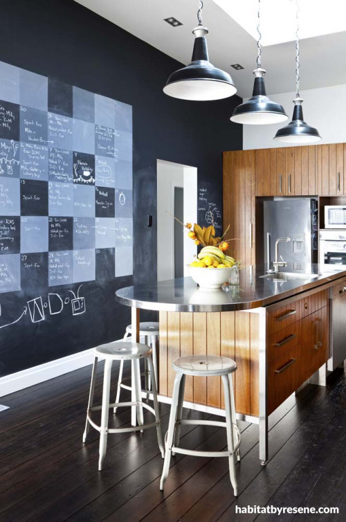 kitchen, blackboard paint, kitchen island, calendar wall, resene paint, interior design
