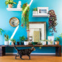 Dining room, blue dining room, blue feature wall, bright interior, plant wall, bright blue paint 