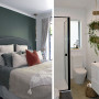 bedroom, bathroom, white bathroom, green bedroom, green feature wall, resene black white