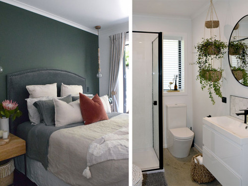 bedroom, bathroom, white bathroom, green bedroom, green feature wall, resene black white