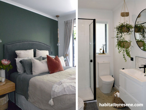 bedroom, bathroom, white bathroom, green bedroom, green feature wall, resene black white