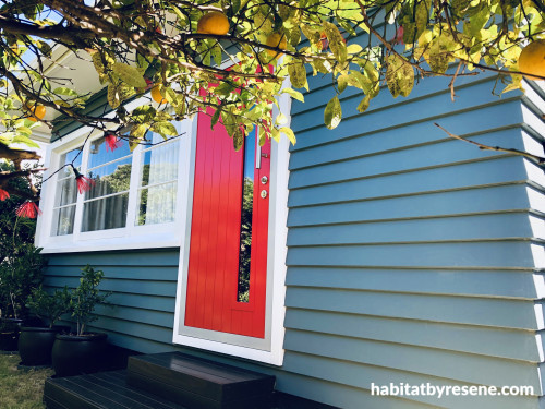 exterior cladding, weatherboard Inspo, red door, red door inspiration, White window frames, Resene