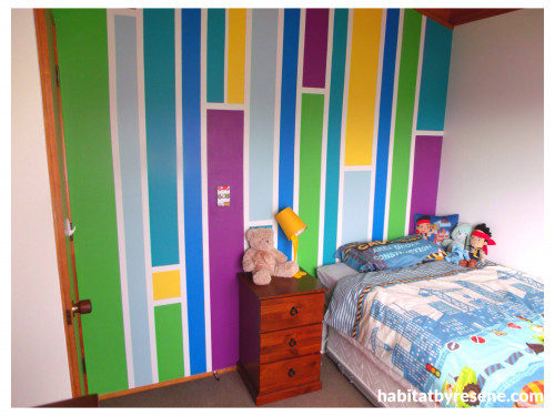 kids bedroom, children's bedroom, bright paint, colourful bedroom, feature wall