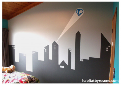 kid's bedroom, children's bedroom, feature wall, black and white paint, superhero wall, interior 
