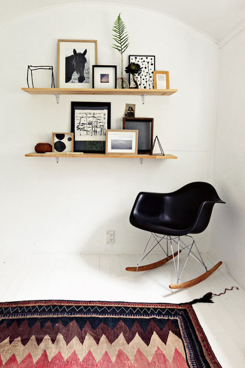sleep out, small home, cabin, white paint, white interior, rug, timber shelves