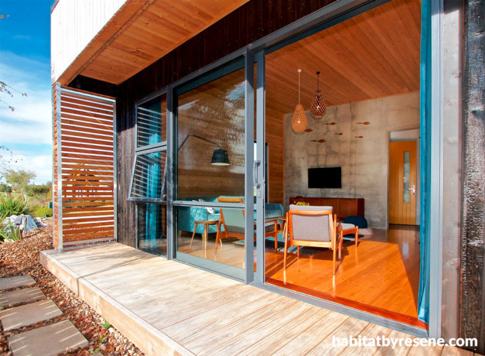 holiday cabin, deck, timber, exterior, resene foundry, indoor outdoor flow