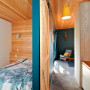 holiday cabin, timber walls, timber ceiling, resene elephant, bedroom, hallway