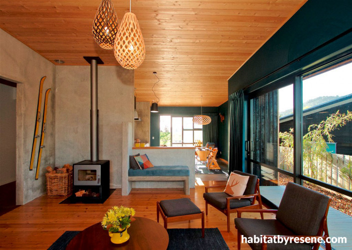 timber ceiling, timber floors, holiday cabin, feature wall, living room, lounge