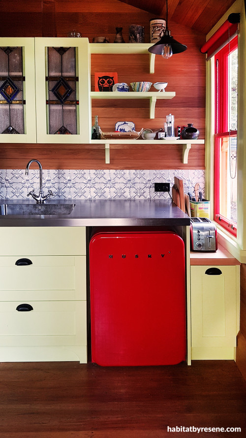 kitchen inspiration, kitchen ideas, kitchen design, green kitchen cabinets, red retro fridge, resene