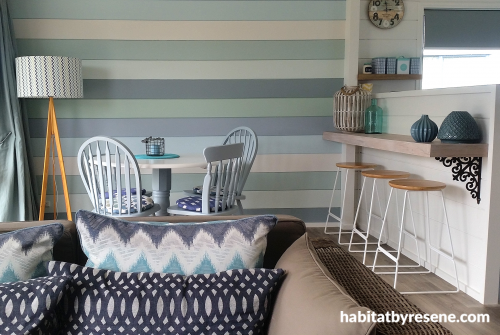holiday house, feature wall, blue, living room, bach, beach house, stripe, stripes, paint ideas