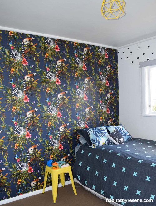 bedroom, kids bedroom, childrens bedroom, feature wall, feature wallpaper, animal print wallpaper