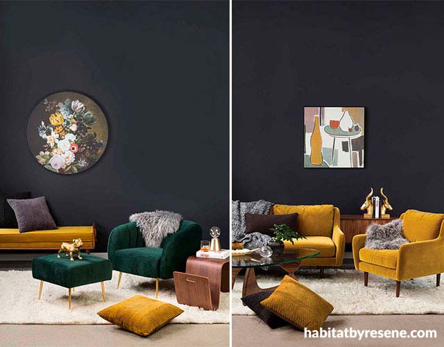 living room, lounge, black paint, feature wall, black wall, mustard sofa, green armchair