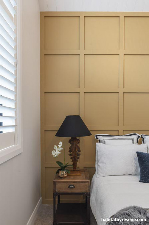 bedroom inspiration, batten feature wall, interior design, colour palette, bedroom ideas, resene