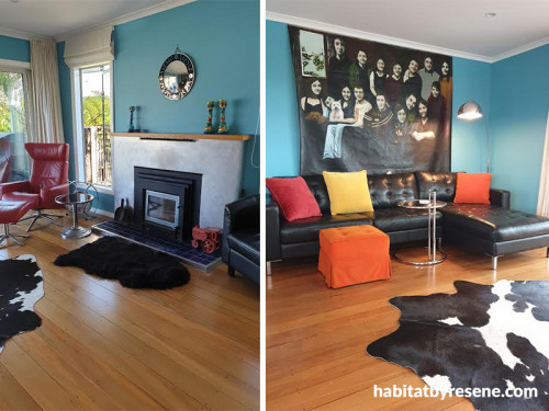 living room, lounge, blue lounge, blue living room, blue interior, blue feature wall, blue walls