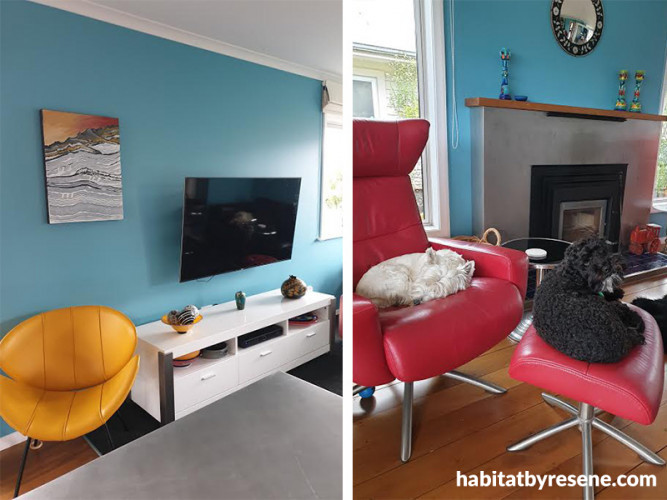 living room, lounge, blue lounge, blue living room, blue interior, blue feature wall, red chair