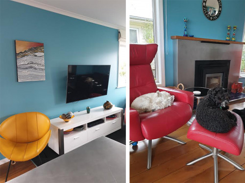 living room, lounge, blue lounge, blue living room, blue interior, blue feature wall, red chair