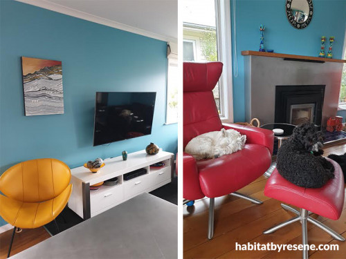 living room, lounge, blue lounge, blue living room, blue interior, blue feature wall, red chair