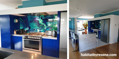 kitchen, blue kitchen, colourful kitchen, blue splashback, marbled splashback, bright kitchen
