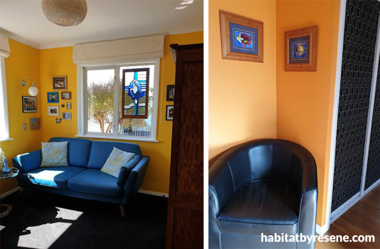 yellow lounge, tv room, yellow tv room, yellow interior, resene bright spark, yellow feature wall