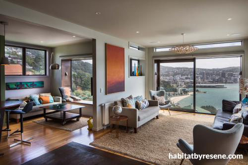 Resene Half Fossil, blue living room, wellington harbour, renovation