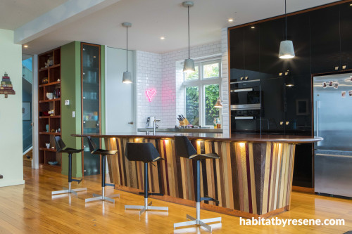 white kitchen, black fridge, white tiles, kitchen island, resene woodstock