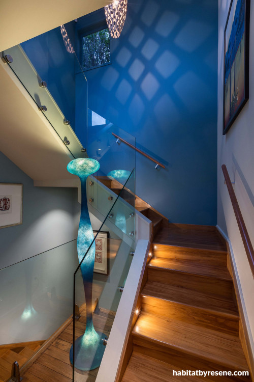 blue staircase, blue hall, resene endeavour, glass balustrades