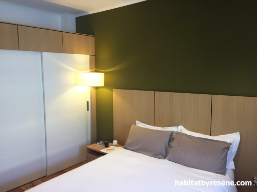 bedroom, green bedroom, green feature wall, timber bedhead, custom bedhead, contemporary bedroom