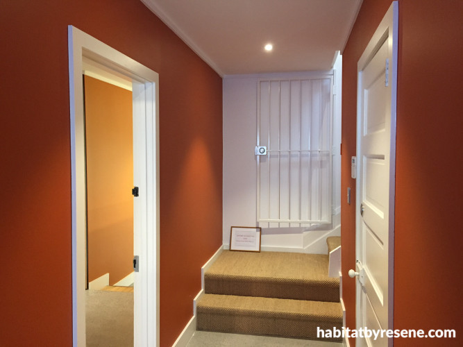 hallway, stairwell, burnt orange paint, orange hallway, orange stairwell