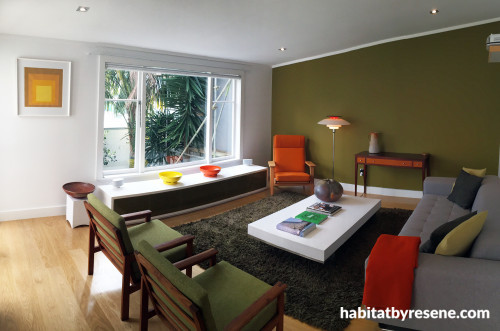 lounge, living room, green feature wall, retro furniture, green lounge, green paint