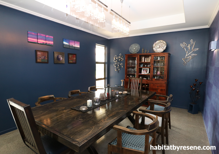 dining room, grid patterned wall, feature wall, blue dining room, blue and purple, grid wall art