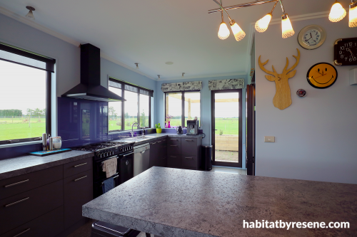 kitchen, blue kitchen, purple kitchen, blue splashback, blue and purple 